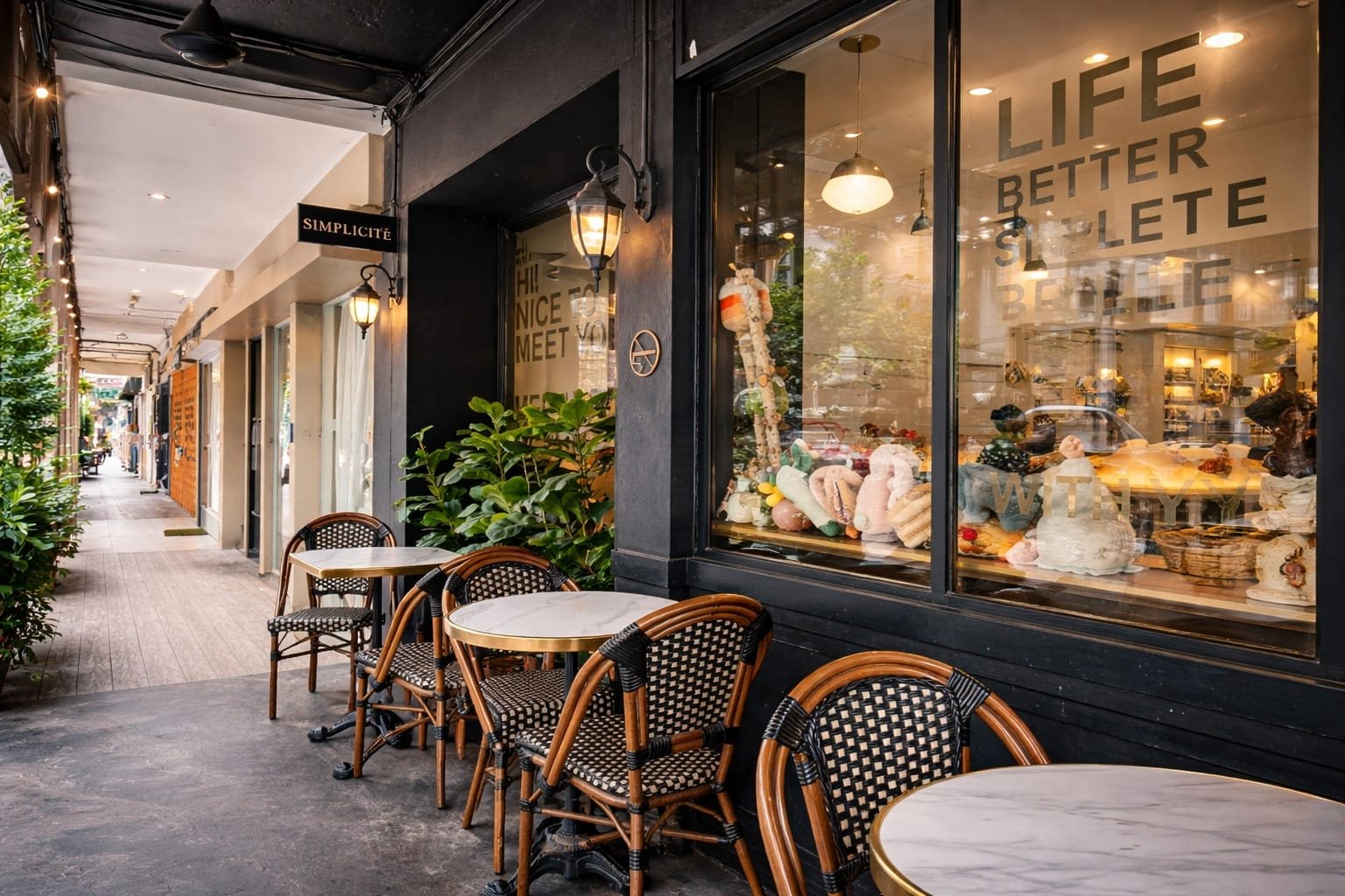 Outdoor seating area of Simplicité by Fresh Fruits Lab with tables and chairs for relaxed café dining experience